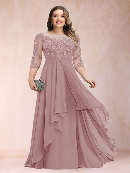 Robe de Mère de la Mariée Grande Taille, Coupe Trapèze/Princesse, Manches 3/4, en Mousseline avec Appliques et Volants