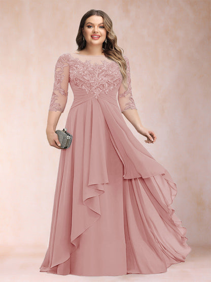 Robe de Mère de la Mariée Grande Taille, Coupe Trapèze/Princesse, Manches 3/4, en Mousseline avec Appliques et Volants