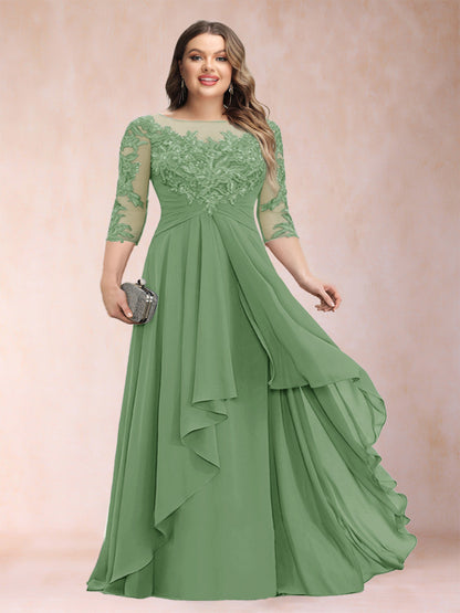 Robe de Mère de la Mariée Grande Taille, Coupe Trapèze/Princesse, Manches 3/4, en Mousseline avec Appliques et Volants
