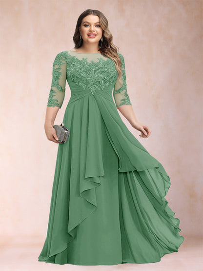 Robe de Mère de la Mariée Grande Taille, Coupe Trapèze/Princesse, Manches 3/4, en Mousseline avec Appliques et Volants