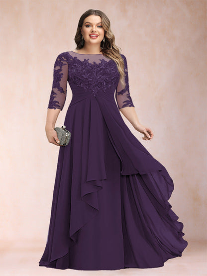 Robe de Mère de la Mariée Grande Taille, Coupe Trapèze/Princesse, Manches 3/4, en Mousseline avec Appliques et Volants