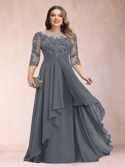 Robe de Mère de la Mariée Grande Taille, Coupe Trapèze/Princesse, Manches 3/4, en Mousseline avec Appliques et Volants
