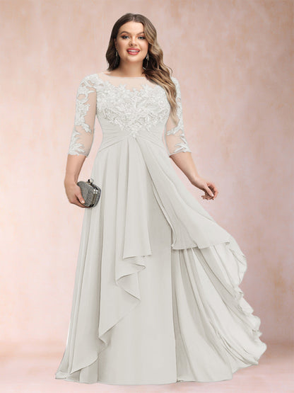 Robe de Mère de la Mariée Grande Taille, Coupe Trapèze/Princesse, Manches 3/4, en Mousseline avec Appliques et Volants