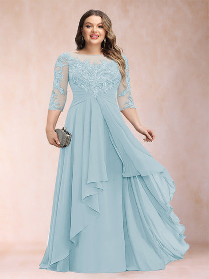 Robe de Mère de la Mariée Grande Taille, Coupe Trapèze/Princesse, Manches 3/4, en Mousseline avec Appliques et Volants