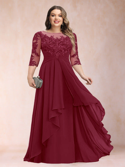 Robe de Mère de la Mariée Grande Taille, Coupe Trapèze/Princesse, Manches 3/4, en Mousseline avec Appliques et Volants