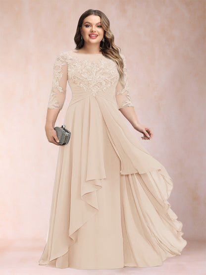 Robe de Mère de la Mariée Grande Taille, Coupe Trapèze/Princesse, Manches 3/4, en Mousseline avec Appliques et Volants