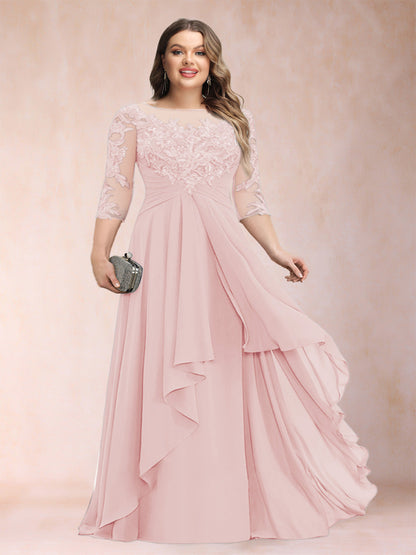 Robe de Mère de la Mariée Grande Taille, Coupe Trapèze/Princesse, Manches 3/4, en Mousseline avec Appliques et Volants
