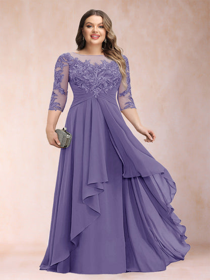 Robe de Mère de la Mariée Grande Taille, Coupe Trapèze/Princesse, Manches 3/4, en Mousseline avec Appliques et Volants