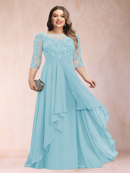 Robe de Mère de la Mariée Grande Taille, Coupe Trapèze/Princesse, Manches 3/4, en Mousseline avec Appliques et Volants