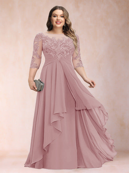 Robe de Mère de la Mariée Grande Taille, Coupe Trapèze/Princesse, Manches 3/4, en Mousseline avec Appliques et Volants
