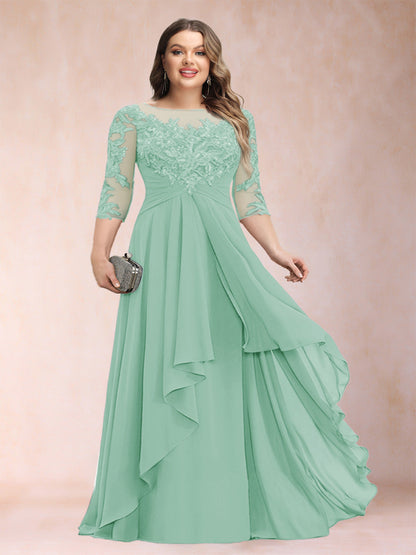 Robe de Mère de la Mariée Grande Taille, Coupe Trapèze/Princesse, Manches 3/4, en Mousseline avec Appliques et Volants