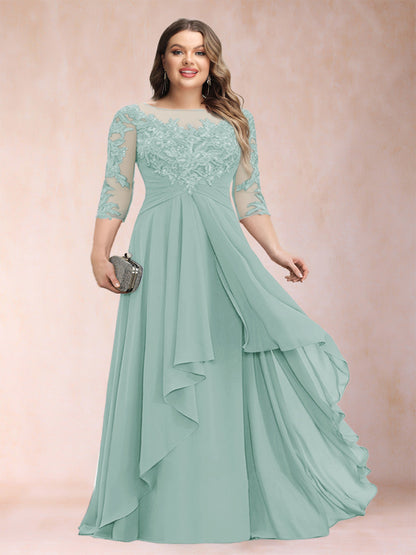 Robe de Mère de la Mariée Grande Taille, Coupe Trapèze/Princesse, Manches 3/4, en Mousseline avec Appliques et Volants