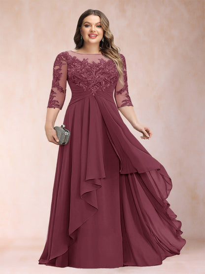 Robe de Mère de la Mariée Grande Taille, Coupe Trapèze/Princesse, Manches 3/4, en Mousseline avec Appliques et Volants