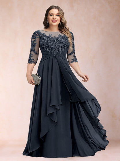 Robe de Mère de la Mariée Grande Taille, Coupe Trapèze/Princesse, Manches 3/4, en Mousseline avec Appliques et Volants