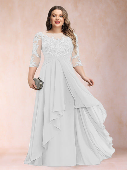 Robe de Mère de la Mariée Grande Taille, Coupe Trapèze/Princesse, Manches 3/4, en Mousseline avec Appliques et Volants