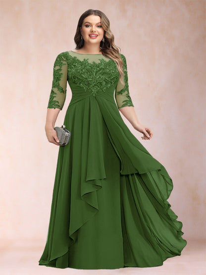 Robe de Mère de la Mariée Grande Taille, Coupe Trapèze/Princesse, Manches 3/4, en Mousseline avec Appliques et Volants