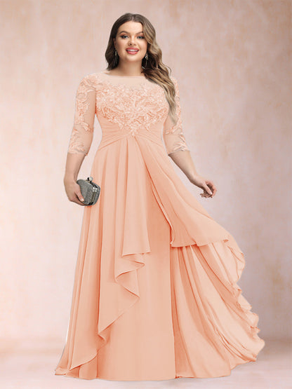 Robe de Mère de la Mariée Grande Taille, Coupe Trapèze/Princesse, Manches 3/4, en Mousseline avec Appliques et Volants