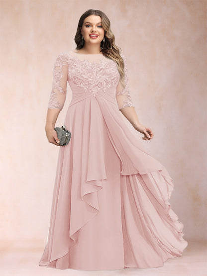 Robe de Mère de la Mariée Grande Taille, Coupe Trapèze/Princesse, Manches 3/4, en Mousseline avec Appliques et Volants