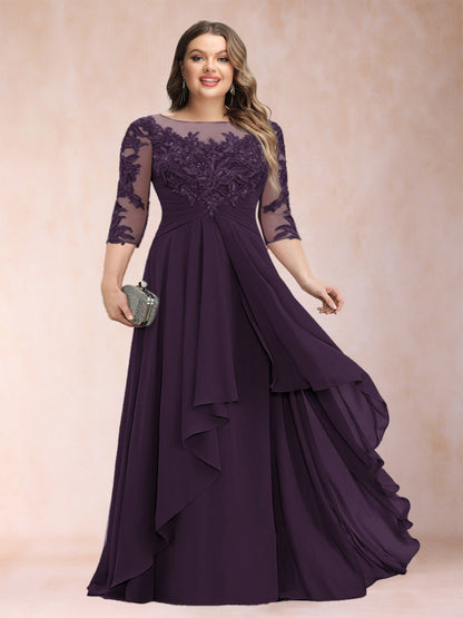 Robe de Mère de la Mariée Grande Taille, Coupe Trapèze/Princesse, Manches 3/4, en Mousseline avec Appliques et Volants