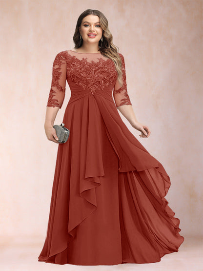 Robe de Mère de la Mariée Grande Taille, Coupe Trapèze/Princesse, Manches 3/4, en Mousseline avec Appliques et Volants
