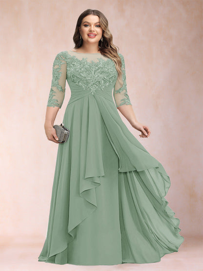 Robe de Mère de la Mariée Grande Taille, Coupe Trapèze/Princesse, Manches 3/4, en Mousseline avec Appliques et Volants