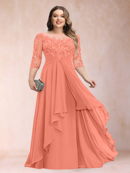 Robe de Mère de la Mariée Grande Taille, Coupe Trapèze/Princesse, Manches 3/4, en Mousseline avec Appliques et Volants