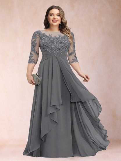 Robe de Mère de la Mariée Grande Taille, Coupe Trapèze/Princesse, Manches 3/4, en Mousseline avec Appliques et Volants