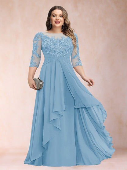 Robe de Mère de la Mariée Grande Taille, Coupe Trapèze/Princesse, Manches 3/4, en Mousseline avec Appliques et Volants