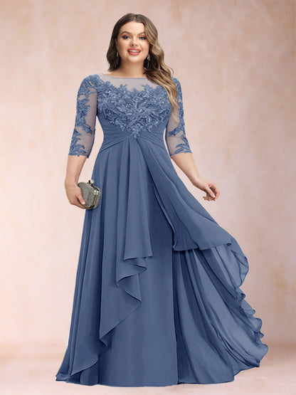 Robe de Mère de la Mariée Grande Taille, Coupe Trapèze/Princesse, Manches 3/4, en Mousseline avec Appliques et Volants