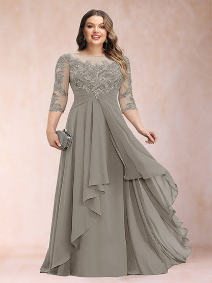 Robe de Mère de la Mariée Grande Taille, Coupe Trapèze/Princesse, Manches 3/4, en Mousseline avec Appliques et Volants