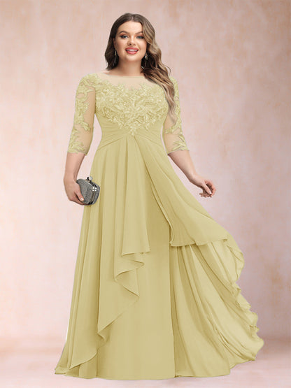 Robe de Mère de la Mariée Grande Taille, Coupe Trapèze/Princesse, Manches 3/4, en Mousseline avec Appliques et Volants