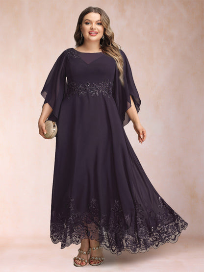 Robe de Mère de la Mariée Grande Taille, Coupe Trapèze/Princesse, Manches 3/4, Longueur Cheville avec Appliques