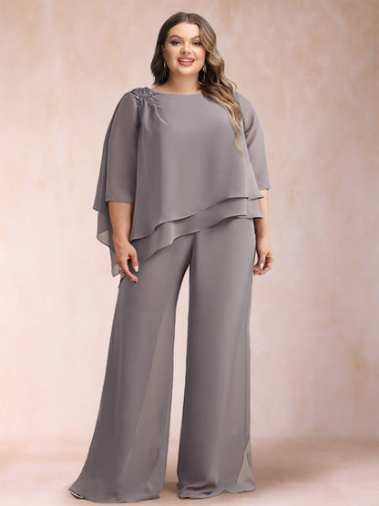 Ensemble 2 Pièces en Mousseline de Soie, Manches 3/4, Froncé, Grande Taille avec Strass