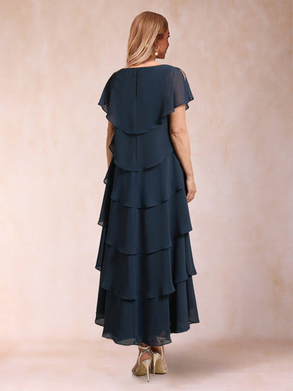 Robes de Mère de la Mariée à Manches Courtes et à Volants Coupe A-Line/Princess