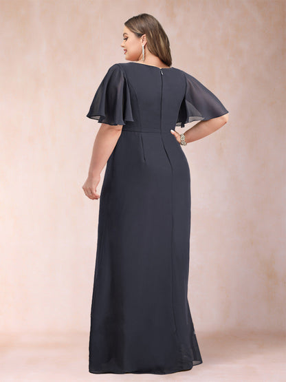 Robe de Mère de la Mariée Grande Taille en Mousseline Noire, Coupe Trapèze/Princesse avec Appliques et Volants