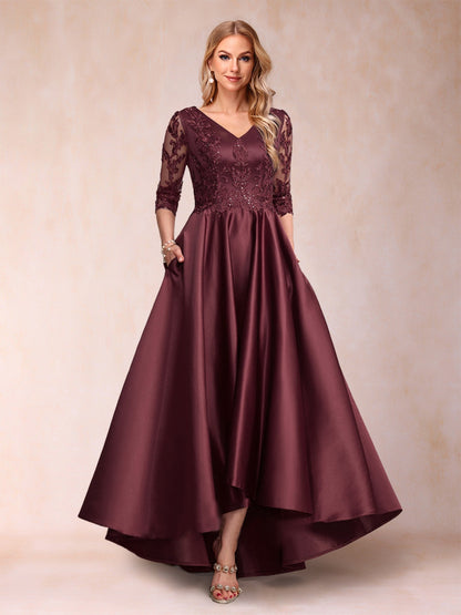 Robe de Mère de la Mariée Asymétrique à Col En V et Manches 3/4 Coupe A-Line/Princess avec Appliques