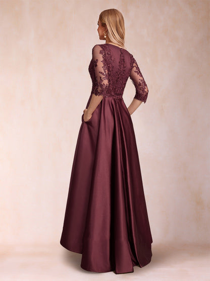 Robe de Mère de la Mariée Asymétrique à Col En V et Manches 3/4 Coupe A-Line/Princess avec Appliques