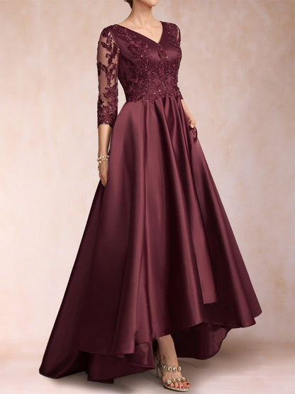 Robe de Mère de la Mariée Asymétrique à Col En V et Manches 3/4 Coupe A-Line/Princess avec Appliques