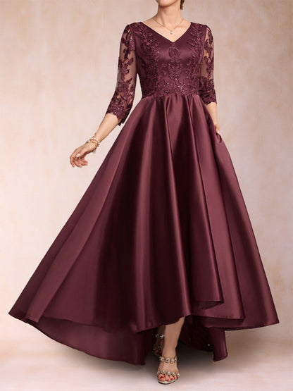 Robe de Mère de la Mariée Asymétrique à Col En V et Manches 3/4 Coupe A-Line/Princess avec Appliques