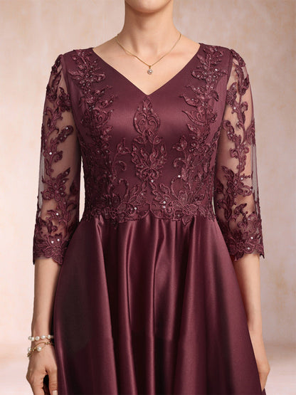 Robe de Mère de la Mariée Asymétrique à Col En V et Manches 3/4 Coupe A-Line/Princess avec Appliques