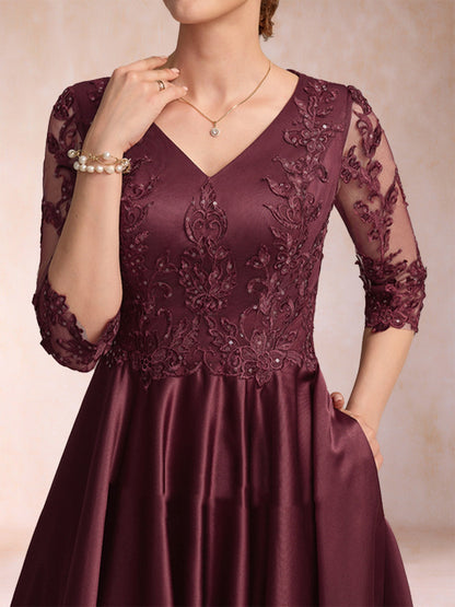 Robe de Mère de la Mariée Asymétrique à Col En V et Manches 3/4 Coupe A-Line/Princess avec Appliques