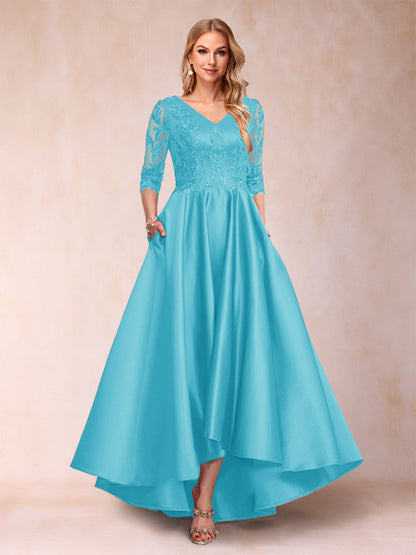 Robe de Mère de la Mariée Asymétrique à Col En V et Manches 3/4 Coupe A-Line/Princess avec Appliques
