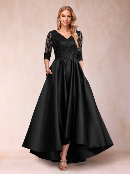 Robe de Mère de la Mariée Asymétrique à Col En V et Manches 3/4 Coupe A-Line/Princess avec Appliques