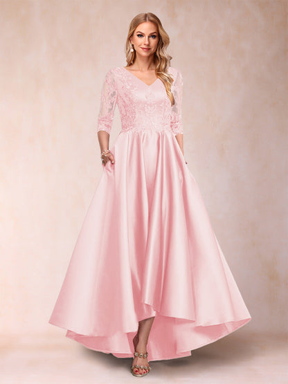 Robe de Mère de la Mariée Asymétrique à Col En V et Manches 3/4 Coupe A-Line/Princess avec Appliques