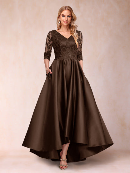 Robe de Mère de la Mariée Asymétrique à Col En V et Manches 3/4 Coupe A-Line/Princess avec Appliques