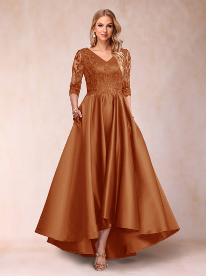 Robe de Mère de la Mariée Asymétrique à Col En V et Manches 3/4 Coupe A-Line/Princess avec Appliques