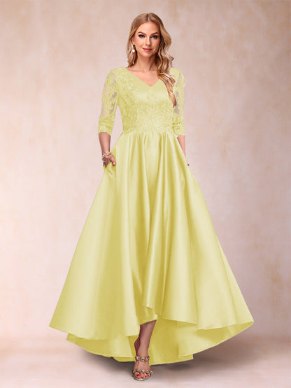 Robe de Mère de la Mariée Asymétrique à Col En V et Manches 3/4 Coupe A-Line/Princess avec Appliques