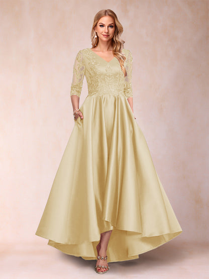 Robe de Mère de la Mariée Asymétrique à Col En V et Manches 3/4 Coupe A-Line/Princess avec Appliques