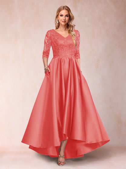 Robe de Mère de la Mariée Asymétrique à Col En V et Manches 3/4 Coupe A-Line/Princess avec Appliques