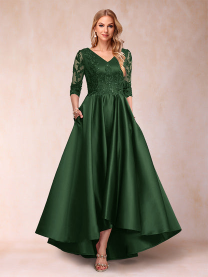 Robe de Mère de la Mariée Asymétrique à Col En V et Manches 3/4 Coupe A-Line/Princess avec Appliques